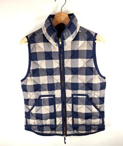J.Crew Quilted Down Puffer Vest Blue Buffalo Checker Cabincore Preppy Athleisure