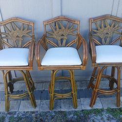 3 Boho Rattan Swivel Barstools 