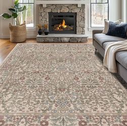 Vintage Moss 8x10 Washable Area Rug, Non-Slip Boho Floral (8 x 10 Moss)
