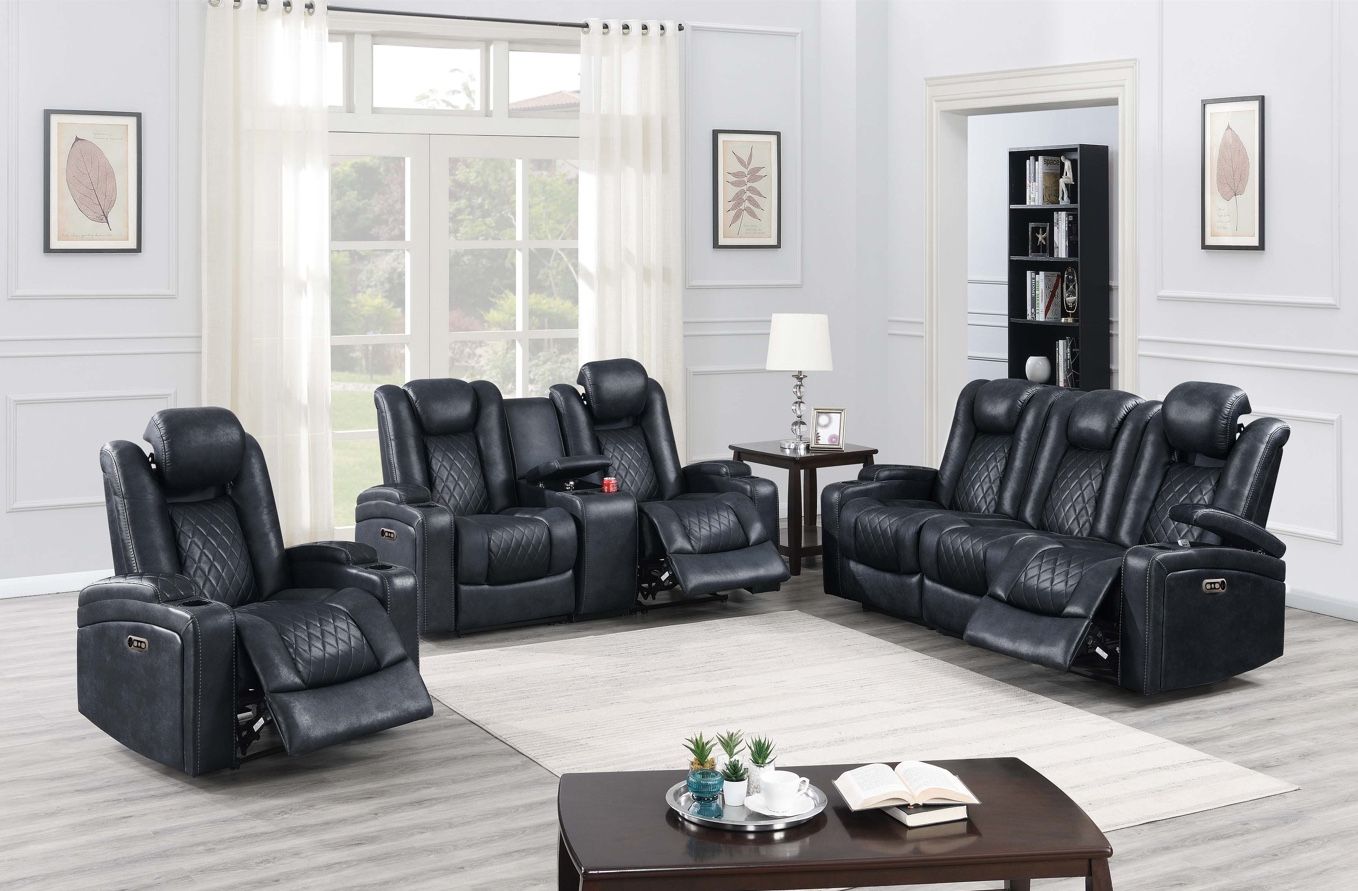 Ink Blue Sofa Set With Console And Power Recliner