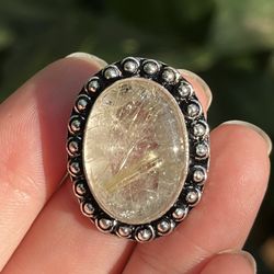 925 Silver Overlay Golden Rutile Crystal Ring Size 8.5