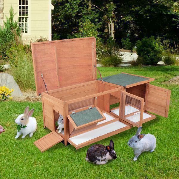 New Wood Bunny Rabbit Hutch with Feeding Trough, Two Rooms, Six Legs, Multiple Doors,Openable Roof, Orange and Green