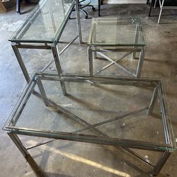 Three matching glass tables, coffee table, buffet table, and side table