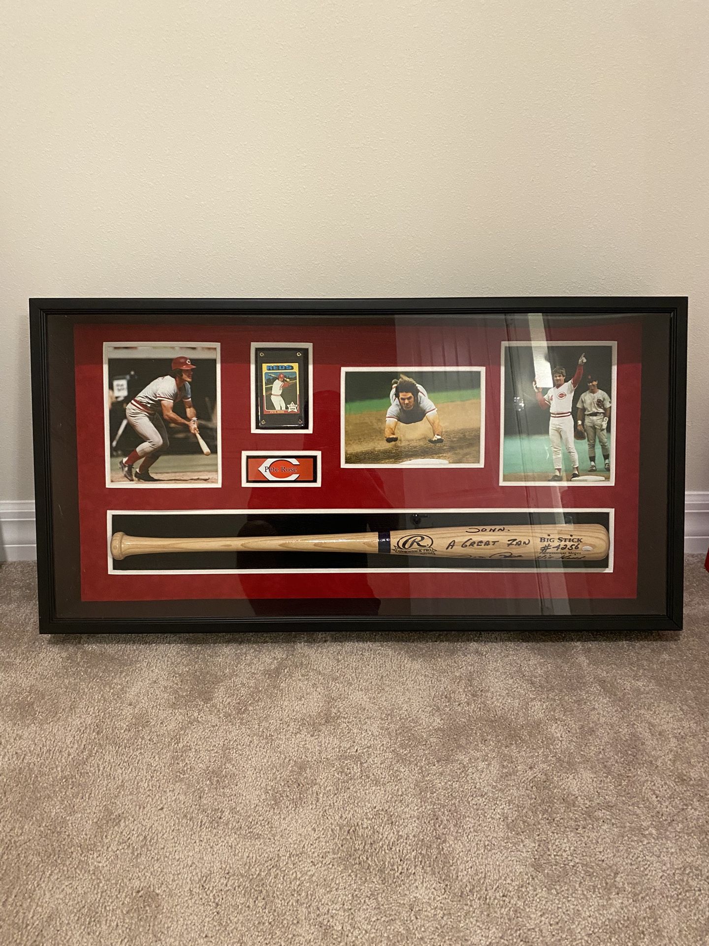 Pete Rose Autographed Bat & Jersey Display Lot - Framed - Hit King #4256 - COA - Reds