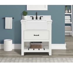 Allen & Roth 30- In Carrara White Farmhouse Single Sink Bathroom Vanity With White Engineered Marble Top