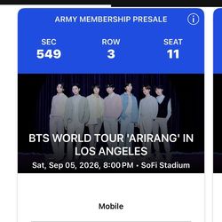 4x BTS Concert WORLD TOUR 'ARIRANG' IN LOS ANGELES Saturday, Sep 05, 2026, 8:00 PM SoFi Stadium Tickets LA