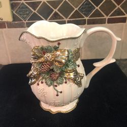 Vintage Christmas Pitcher, With Ribbon, Pinecone And Evergreen 