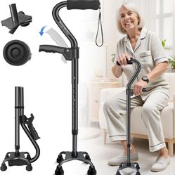 Quad Cane, 4 Prong Walking Cane for Men & Women, Heavy Duty| Adjustable Walking Canes for Seniors Balance, Self Standing Cane with Ergonomic Handle(33