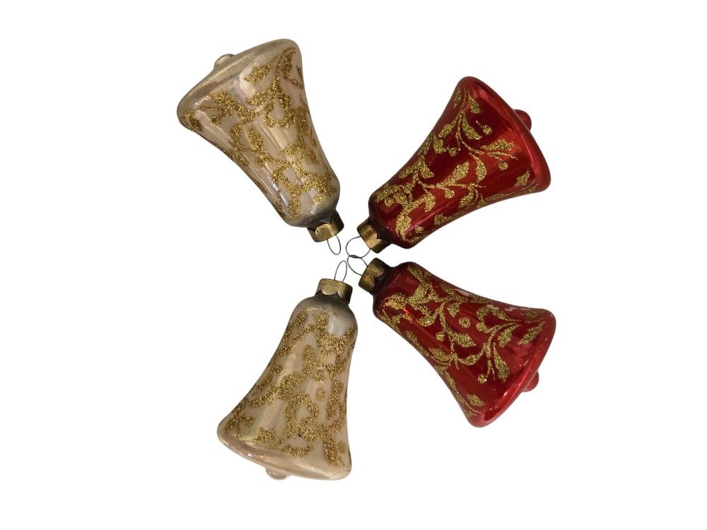 set of 4 vintage silvestri glass glitter bell christmas ornaments 2 red 2 gold. 3"