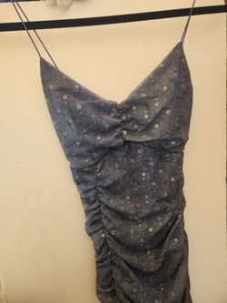 Denim Sequin Ruched Spaghetti Strap Mini Dress