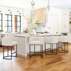 26 in.Beige and Black Low Back Bar Stool with Metal Frame Counter Height Stool Set of 4