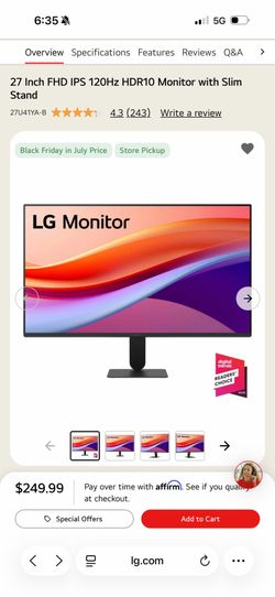 LG 27” IPS Full HD 120Hz HDR10 Monitor – 27U41YA-B – Like New