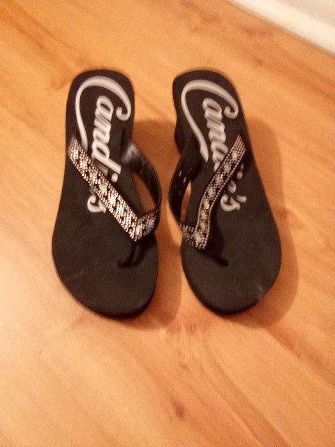 Black Sequin Flip Flop Wedges