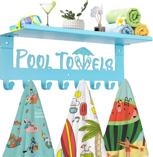 IBosins Pool Towel Rack with Shelf, Outdoor 8 Hooks Towel Holder Wall Mounted, Towel Hanger for Hanging Bathrobes, Towels, Clothes - Perfect Pool Area