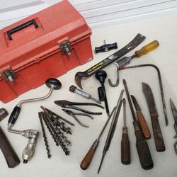 Fuller Ratcheting Hand Drill, Hammer,  Pliers,  Pry Bar and Other with Toolbox 
