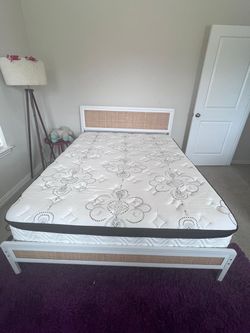 Queen Bed with Rattan Head & Metal Frame, Base Slats and 12 Inch Mattress