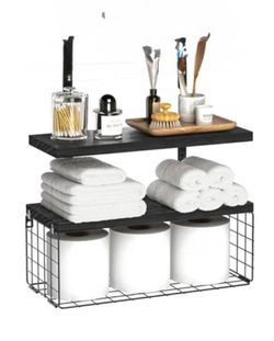 Floating shelves, set of 2 with toilet paper basket, black, restroom shelves, wall shelves,