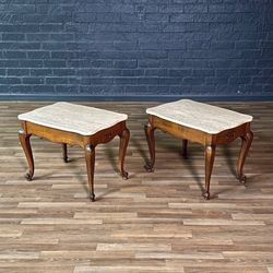 Pair of French Provincial Style Side Tables w/ Travertine Tops by Crown City Table Co., c.1960's - Delivery Available 