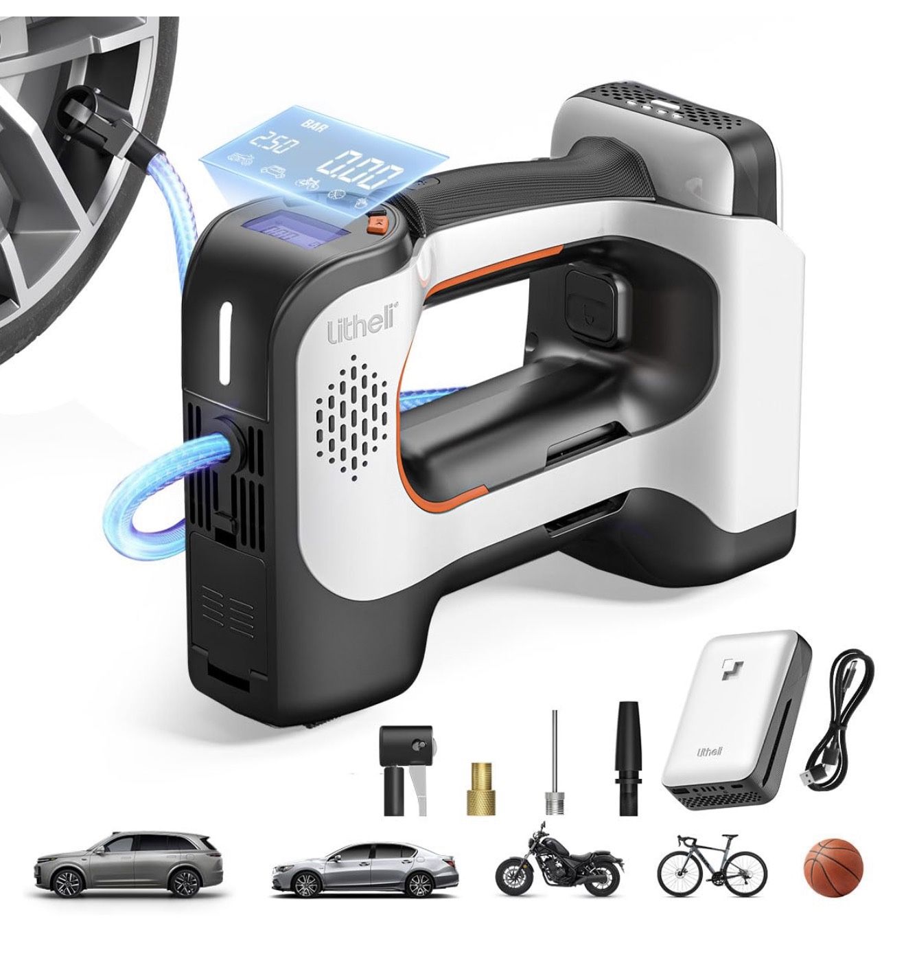 Cordless Air Compressor, 20V Portable Air Compressor with 3 Nozzle Adapters, 150 PSI Tire Pump for Car, Bicycle, Sports Ball, Tire Inflator