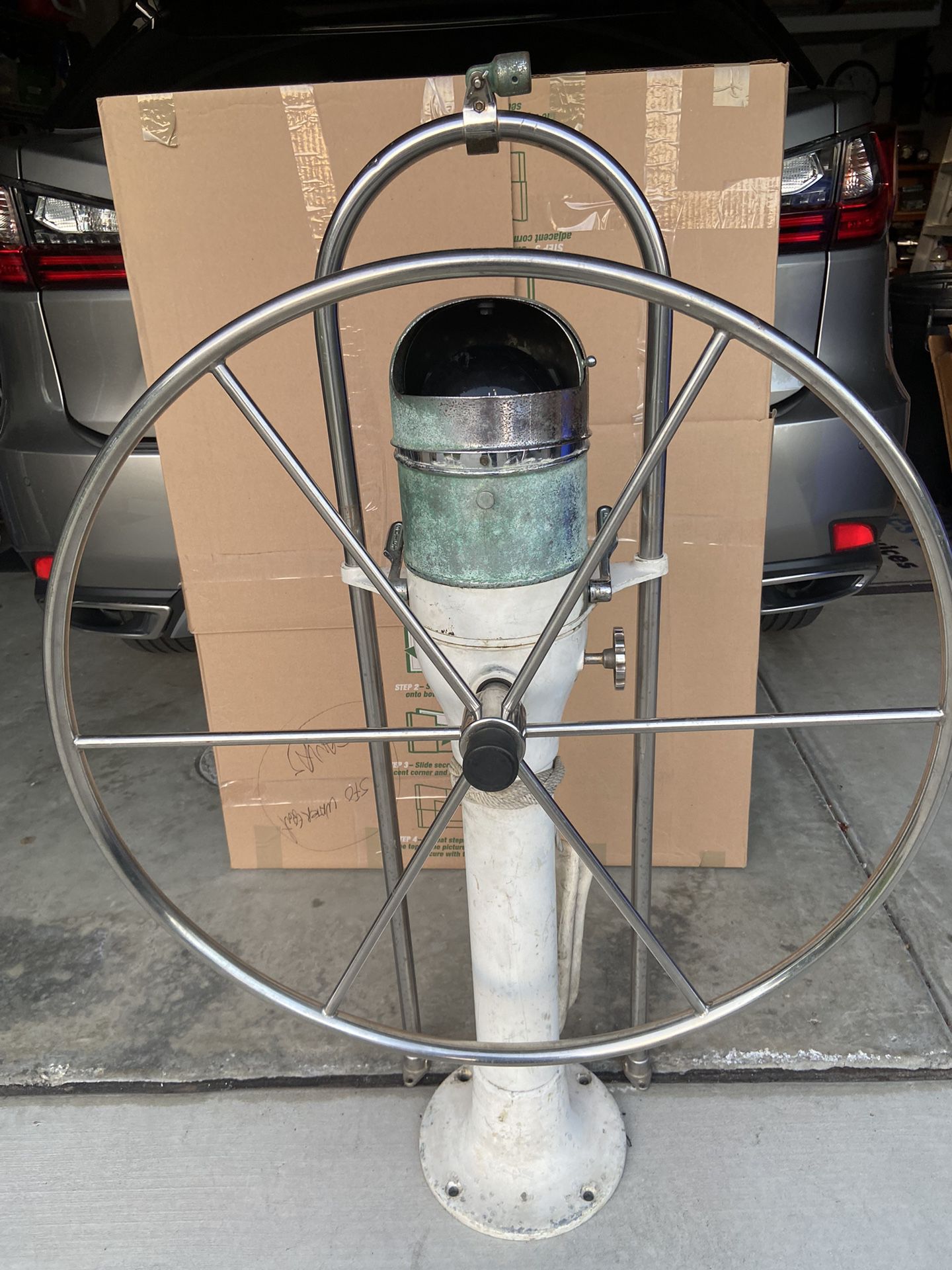Sailboat Wheel, Pedistal, And Working Compass