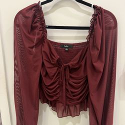 Lulus Perfectly Delightful Burgundy Mesh Ruched Ruffled Peplum Top Red - Size 