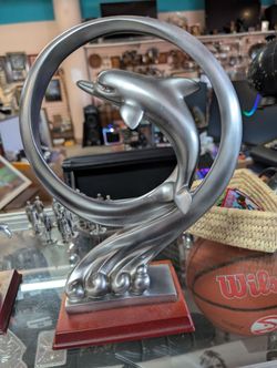 Vintage Metal Dolphin Sculpture Circular Wave Art Deco Style Display Statue
