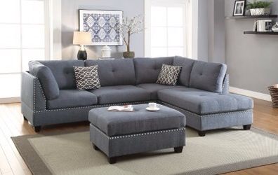 New grey linen sofa sectional with ottoman & studs