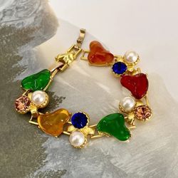 Gold womens ladies multicolored heart hearts chain bracelet gift
