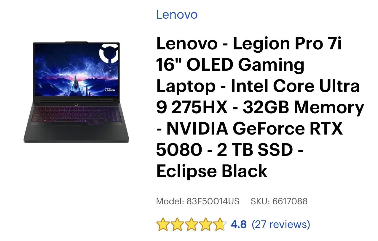 Lenovo - Legion Pro 7i 16" OLED Gaming Laptop - Intel Core Ultra 9 275 - RTX 5080