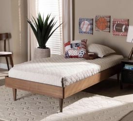 🛏️ Mid-Century Modern Wood Platform Bed – Twin Size Ash Walnut Finish | New in Box