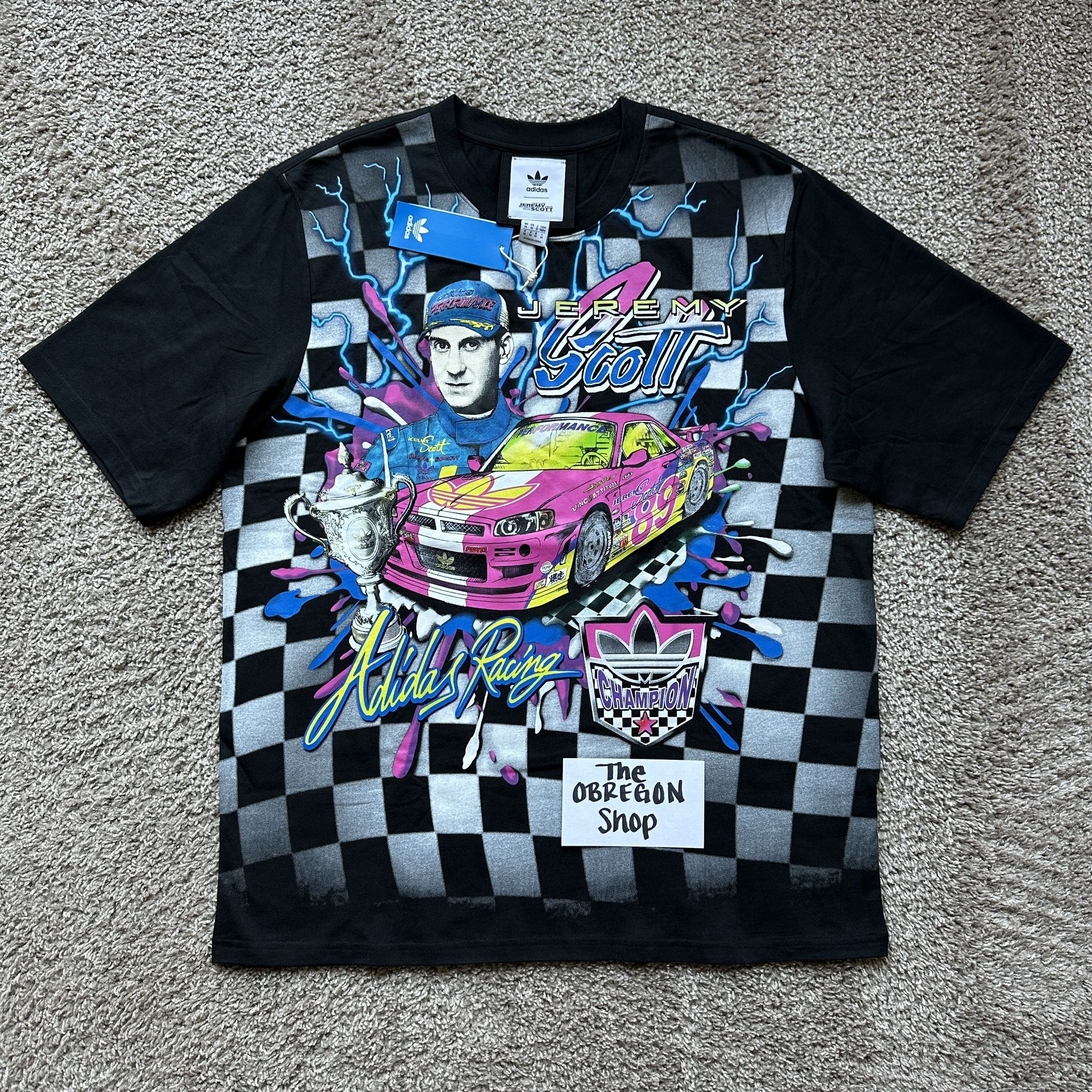 ADIDAS JEREMY SCOTT RALLY TEE SHIRT MENS SIZE MEDIUM CHECKERED NEON RACING BLACK WHITE NEW