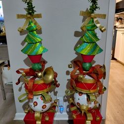 Pair Of Metal Gift Present Tree Christmas Topiary Atle Decor 