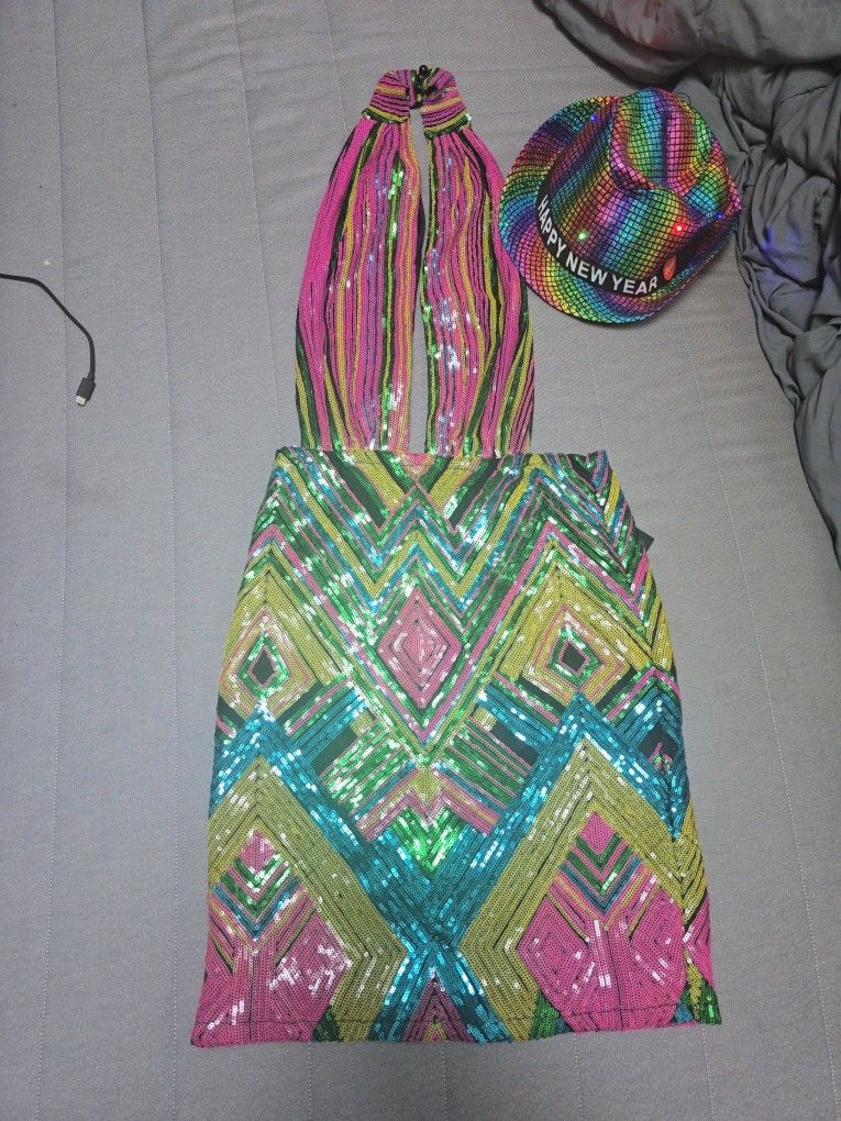 NWT Fashion Nova Sequin Mini Dress (M) + Light Up NYE Hat - Perfect for New Year's Eve!
