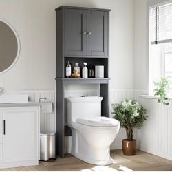 Over the Toilet Storage Cabinet, Bathroom Shelf Organizer with Anti-Tip Device Small Freestanding Space Saver with Adjustable Shelf, Gray