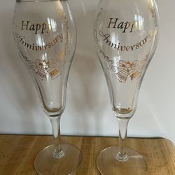 Vintage Pair of Gold Rimmed ‘Happy Anniversary’ Champagne Flutes Glasses