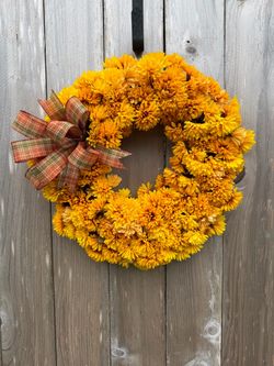 Fall Artificial Mum Wreath with Plaid Bow