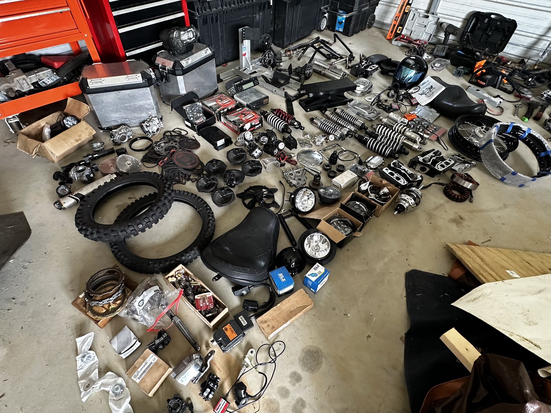 Huge lot of motorcycle parts. Mostly Harley Davidson parts!