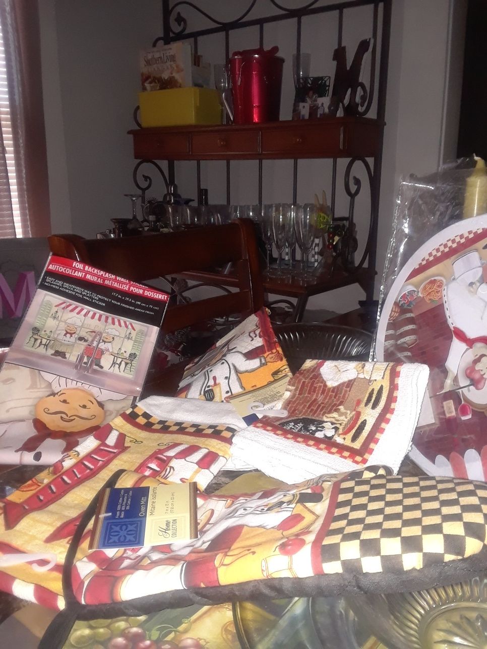 Fat Chef picture $30-fat chef kitchen decor(towels,oven mitt,small kitchen,wall decal)$15- 2 fat chef cutouts &25
