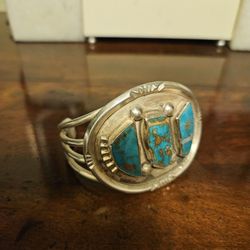 Mens Large Sterling And Turquoise Wristlet. 