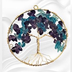 Tree Of Life Pendant GOLD PLATED with AMETHYST AND APATITE CHIPS  Christmas Present  Gift For Her