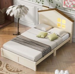 NEW Twin Beige Wood Platform Bed with House-shaped Headboard