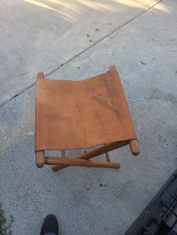 Leather Sling Stool with Wood Frame