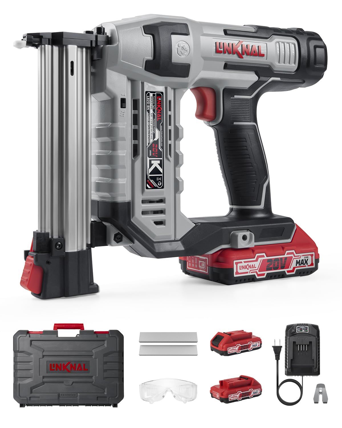 Electric Nail Gun, LINKNAL Cordless Brad Nailer Battery Powered,18 Gauge, 2×20V MAX Li-ion Batteries, Charger and 1000 Nails Included (L820-BN)