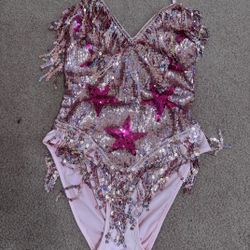 New Medium Pink Sequin Star Fringe Festival Rave Costume Bodysuit 