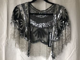 Tan-Chho Silver and Black Beaded Shawl (vintage) NWT Gypsy/ Belly dancer