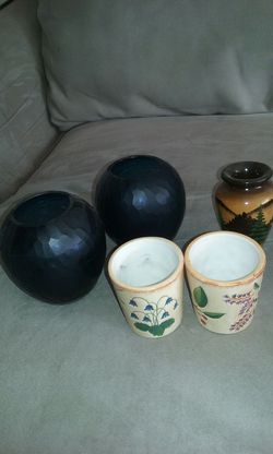 Candle holders ceramic Yankee holders heavy blue holders one carved wooden vase really cool piece