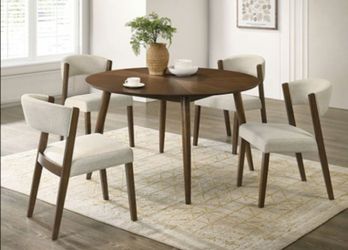 Brand New Walnut & Beige Mid-Century Modern Style 5pc Dining Table Set
