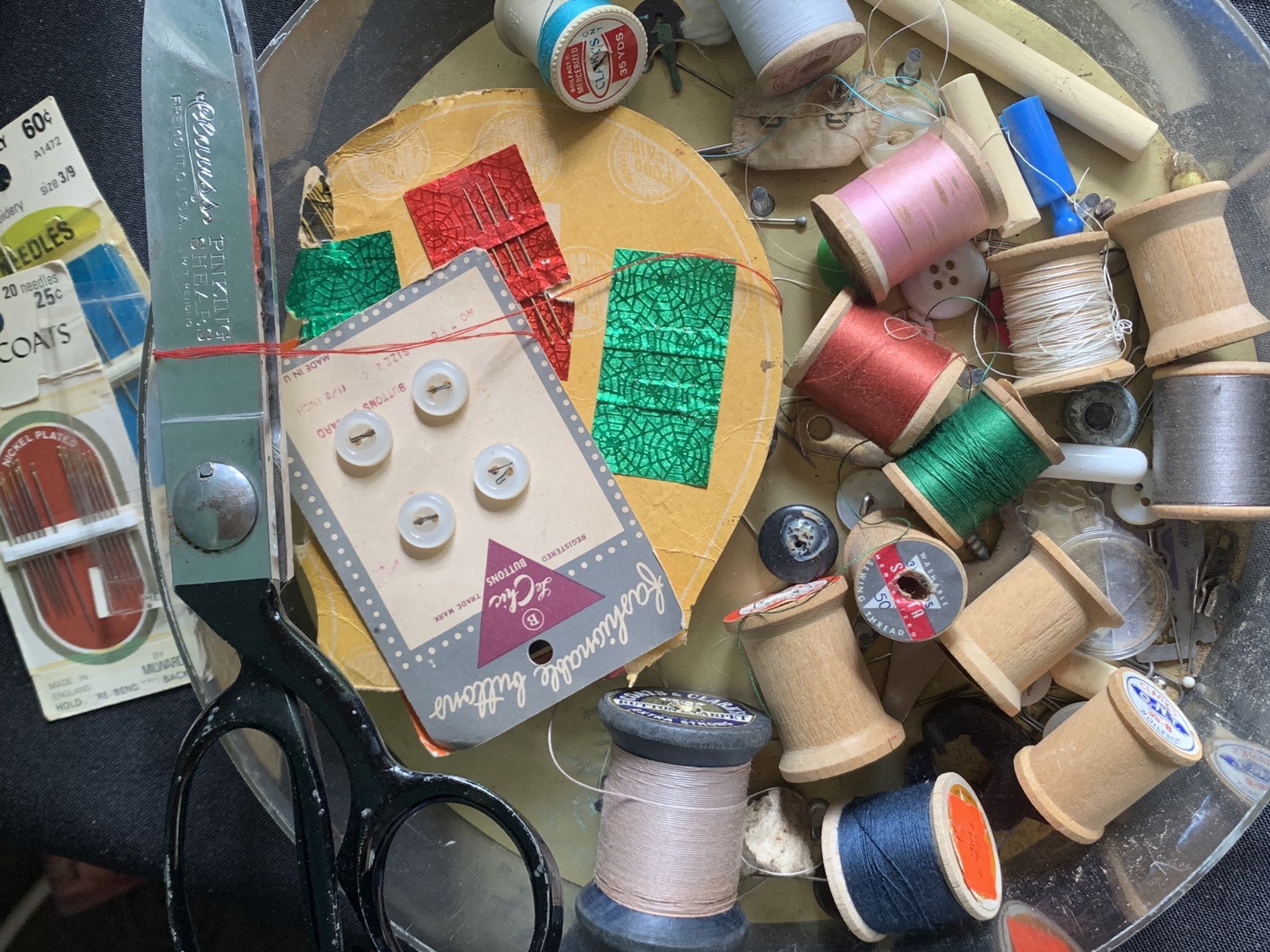Wooden Spools, Shears, Plastic Round Sewing Box