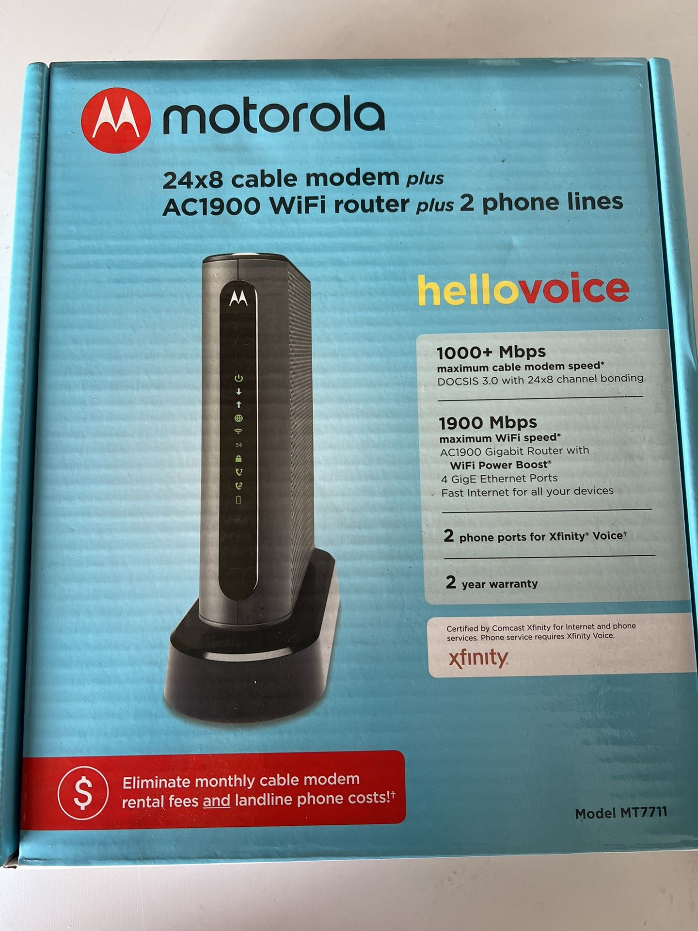 Motorola MT7711 24x8 DOCSIS 3.0 Mesh Compatible Cable Modem/Router with Voice - AC1900