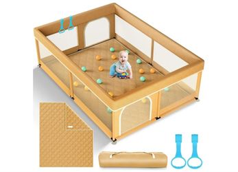 Omzer Baby Playpen with Mat 71"59" - Extra Large Playpen for Babies and Toddlers with Mat Included, Safety Playard for Baby with Gate, All-Wrapped Sof